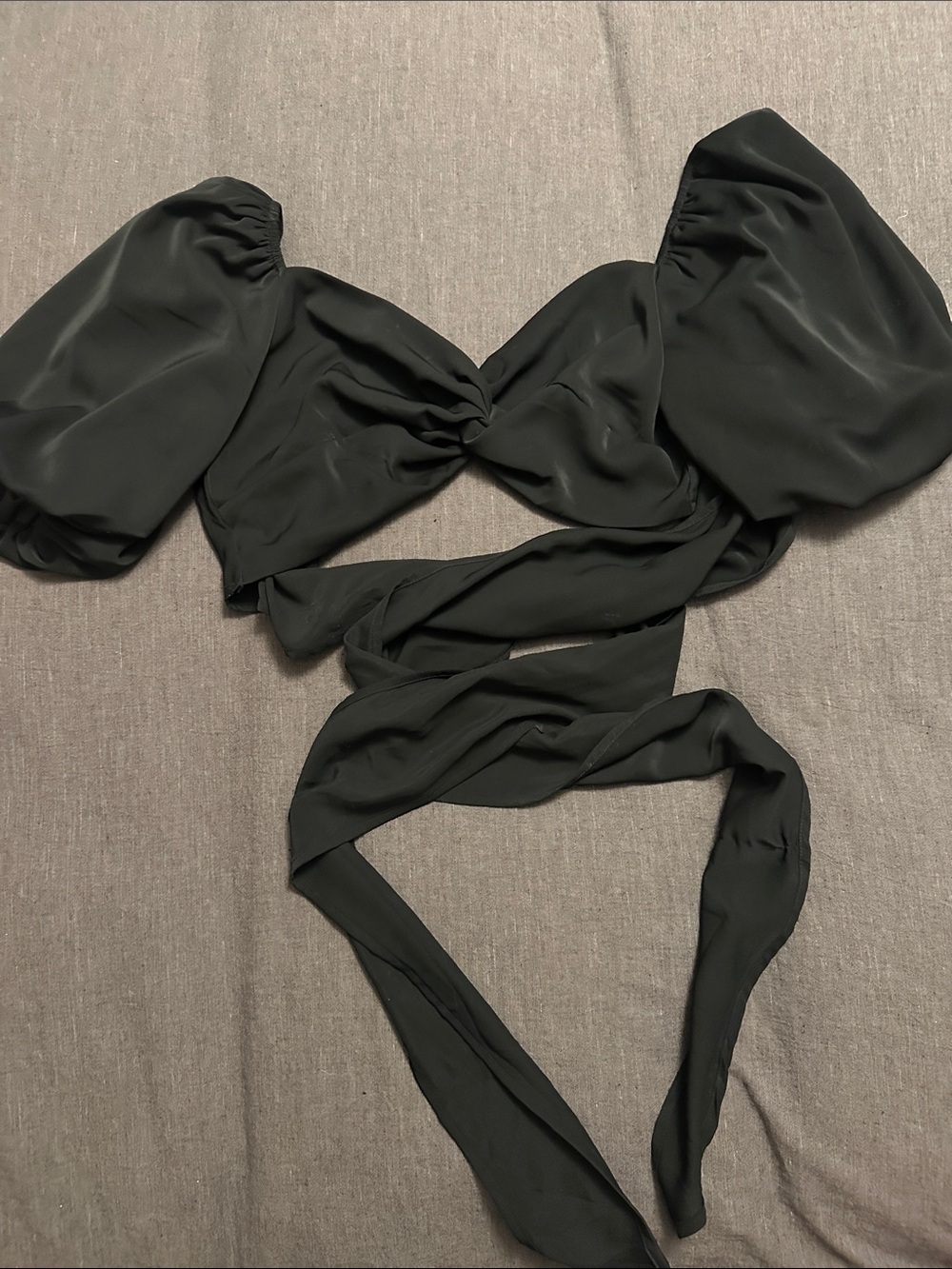 HYFVE Black Puff Sleeve Wrap Crop Top with Long Ties